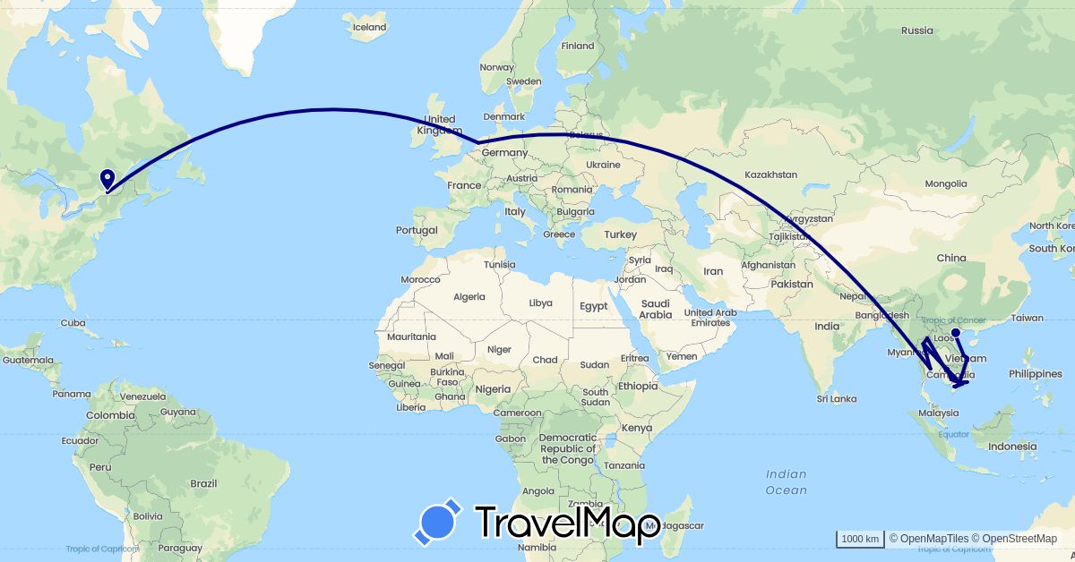 TravelMap itinerary: driving in Canada, Cambodia, Netherlands, Thailand, Vietnam (Asia, Europe, North America)